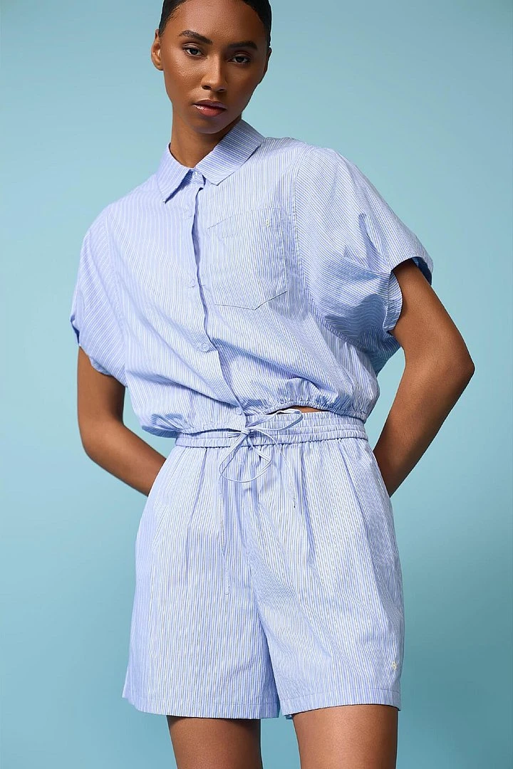 Katoenen Dames Blouse Korte Mouw Gestreept Cross Blauw